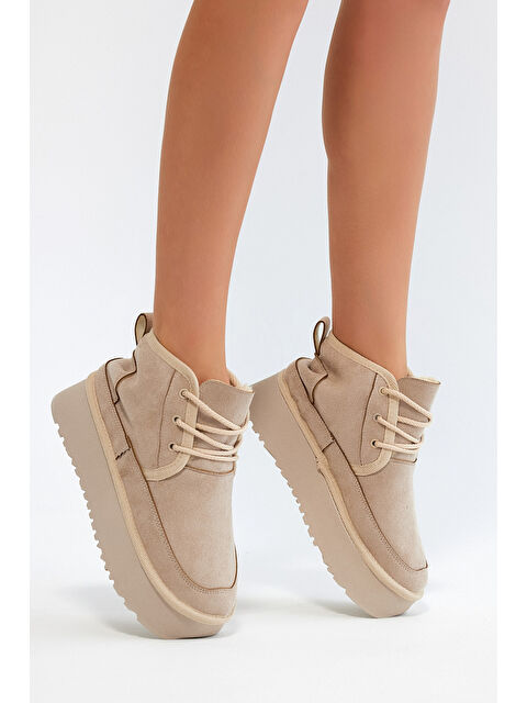 TONNY BLACK Kadın Bej Süet Rahat Kalıp Bağcıklı Kürklü Süet Bot - S000102724-19928