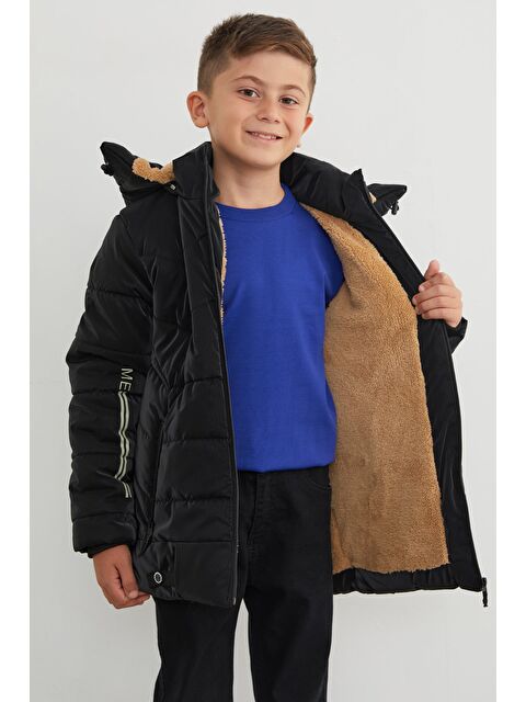 Fullamoda Kolu Baskılı Fermuarlı Kapüşonlu Erkek Çocuk Mont - S000447592-19351