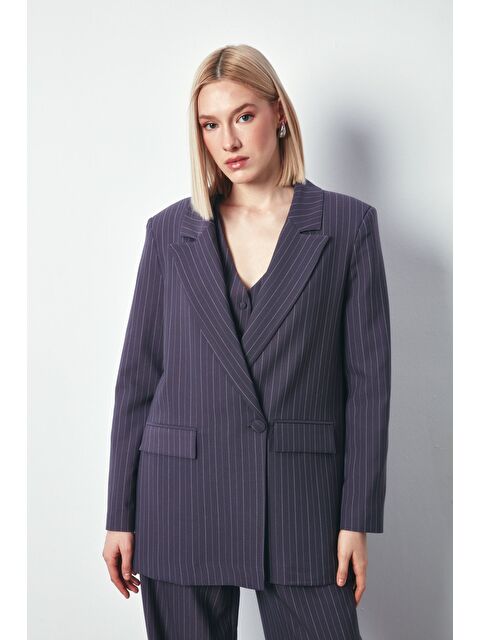 SATEEN Çizgili Salaş Ceket - Gri - S000323775-20600