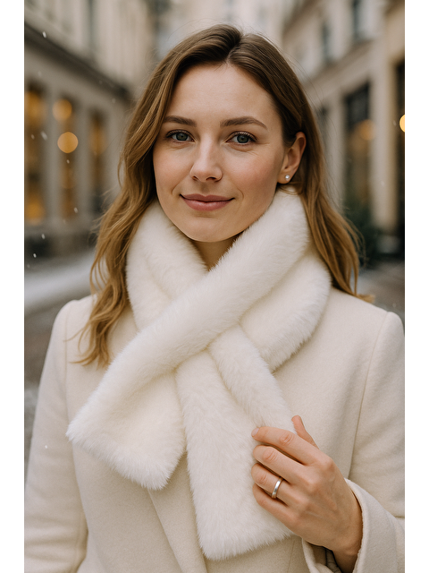 Luminos Butik Kadın Ekru Pelüş Kaşkol Boyunluk Atkı Byn01 - S000250404-19965