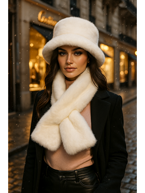 Luminos Butik Kadın Ekru 2 li Set Pelüş Bucket Şapka Boyunluk Atkı Set01 - S000270957-19965