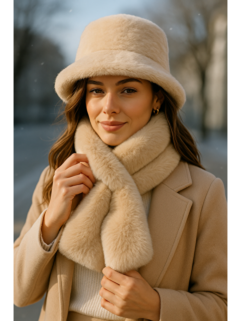 Luminos Butik Kadın Bej 2 li Set Pelüş Bucket Şapka Boyunluk Atkı Set01 - S000270957-19928