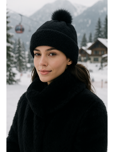 Luminos Butik Ponponlu Siyah İçi Yünlü İthal Bere BERE1136 - S000273672-19351