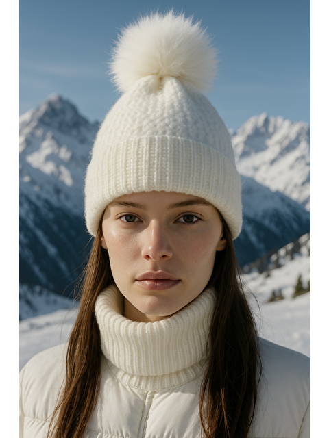 Luminos Butik Ponponlu Beyaz İçi Yünlü İthal Bere BERE1136 - S000273672-20063