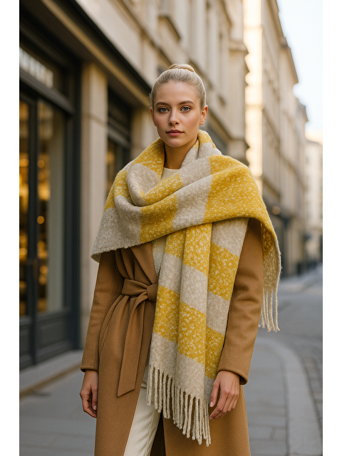 Luminos Butik Kadın Safran Püsküllü Buklet Atkı - Şal 45x200 Cm Sal1284 - S000250420-14955