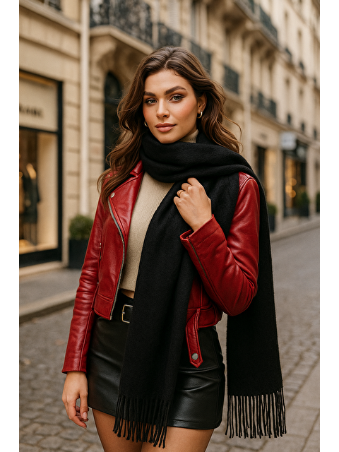 Luminos Butik Uzun Siyah Kalın Dokulu Püsküllü Unisex Atkı   Sıcak Ve Kış Nesnesi Sal1285 - S000283336-19351