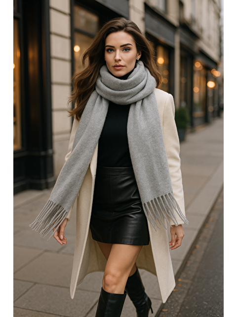Luminos Butik Uzun Gri Kalın Dokulu Püsküllü Unisex Atkı   Sıcak Ve Kış Nesnesi Sal1285 - S000283336-20600