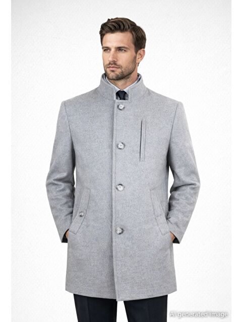 Hatemoğlu Gri Slim Fit Hakim Yaka Yünlü Basic Palto - S000387203-20600