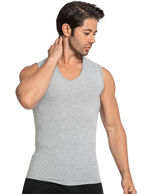 Tolin V Yaka Erkek Kolsuz Geniş Askılı Pamuklu Elastanlı Gri Melanj Atlet 1177G - S000090358-20600