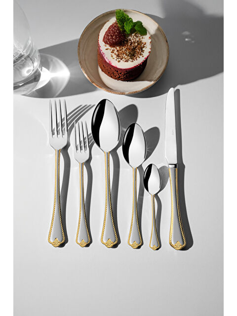 Nehir Fulya Altın Saten 6 Kişilik 36 Parça Kutulu Çatal Kaşık Bıçak Takımı - S000496195-20076