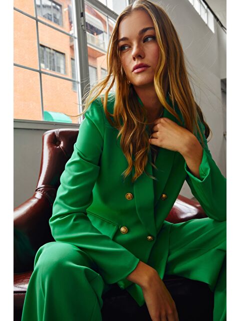 SATEEN Düğme Detaylı Kruvaze Ceket - Yeşil - S000323677-18194