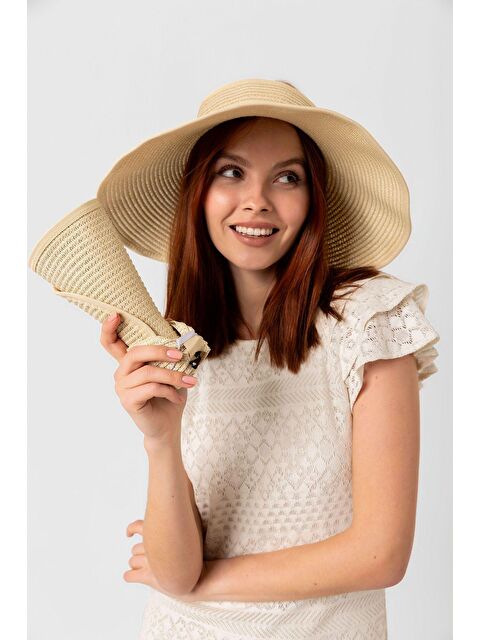 Luminos Butik Bej Kurdeleli Hasır Vizör Şapka Hsr2080