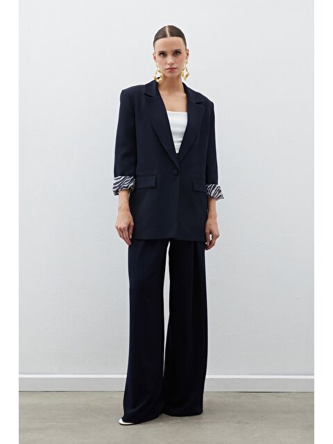 SATEEN Zebra Astarlı Uzun Ceket - Lacivert - S000323757-21164