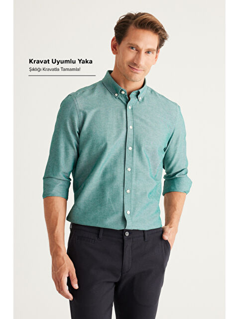 AC&Co / Altınyıldız Classics Erkek Yeşil Tailored Slim Fit Dar Kesim Düğmeli Yaka Oxford Gömlek