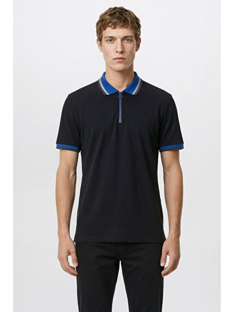 AC&Co / Altınyıldız Classics Erkek Siyah-Saks Regular Fit Geniş Kesim Polo Yaka %100 Pamuk Tişört