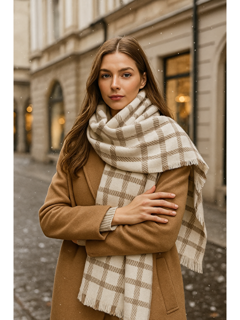 Luminos Butik Kadın Ekru Kare Desenli Atkı   Şal 70x180 Cm Sal1207 - S000283335-19965