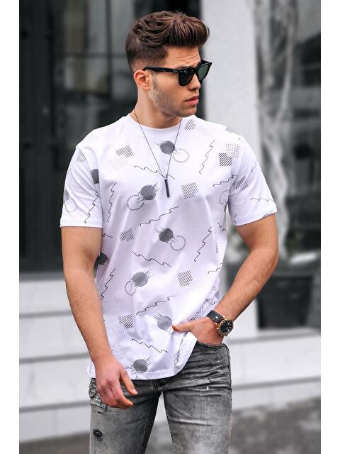 Madmext Baskılı Beyaz Oversize Tişört 5392