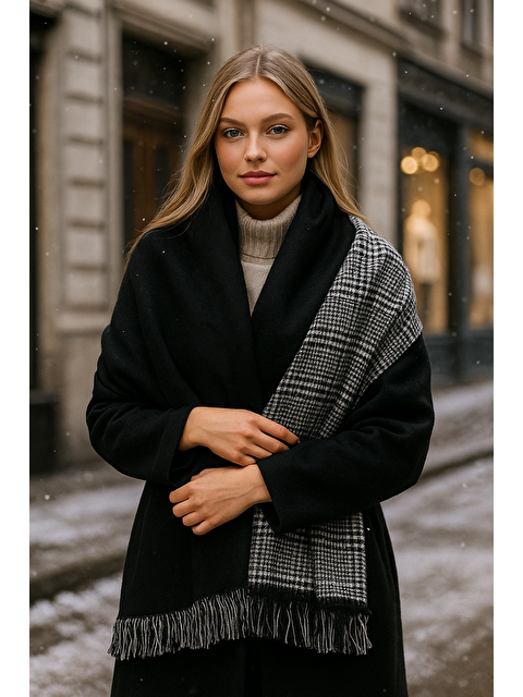 Luminos Butik Kadın Siyah Çift Taraflı Kazayağı Desenli Atkı - Şal 70x185 Cm Sal1212 - S000250409-19351