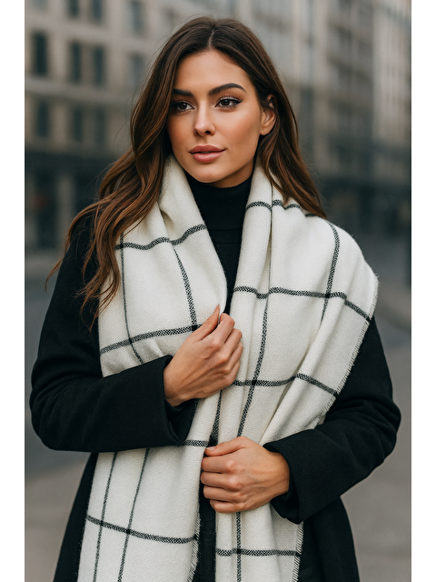 Luminos Butik Kadın Ekru Kare Desenli Atkı - Şal 70x180 Cm Sal1210 - S000250406-19965