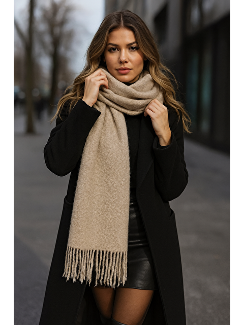Luminos Butik Kadın Vizon Püsküllü Buklet Atkı Şal Sal1257 40x210cm - S000250428-26429