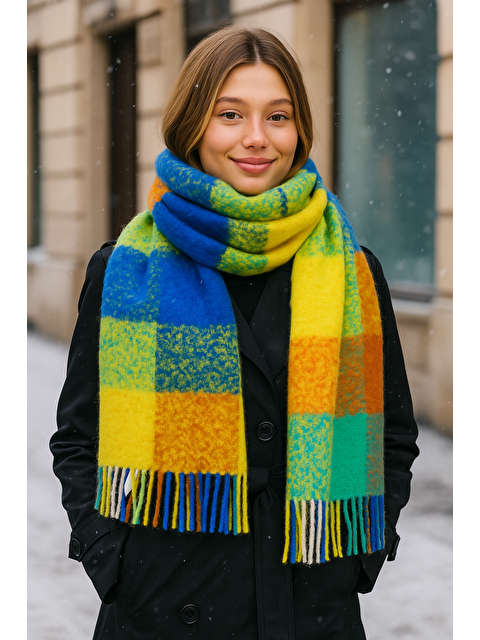 Luminos Butik Kadın Renkli Püsküllü Buklet Atkı - Şal 40x250 Cm Sal1256 - S000250435-20013