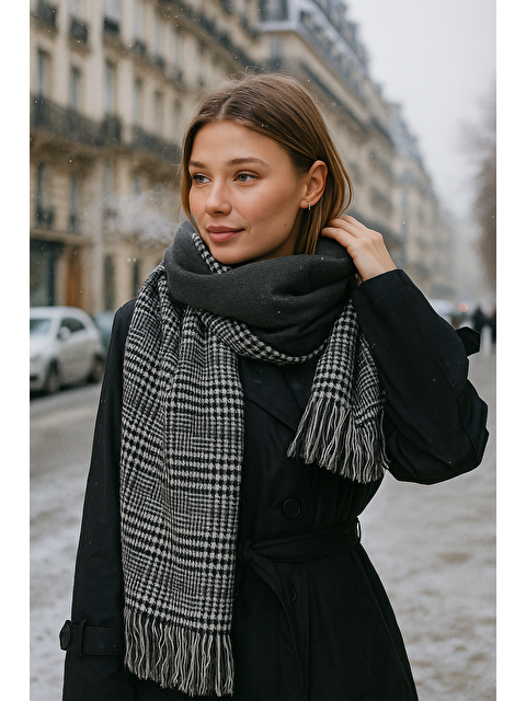 Luminos Butik Kadın Antrasit Çift Taraflı Kazayağı Desenli Atkı - Şal 70x185 Cm Sal1212 - S000250409-29666