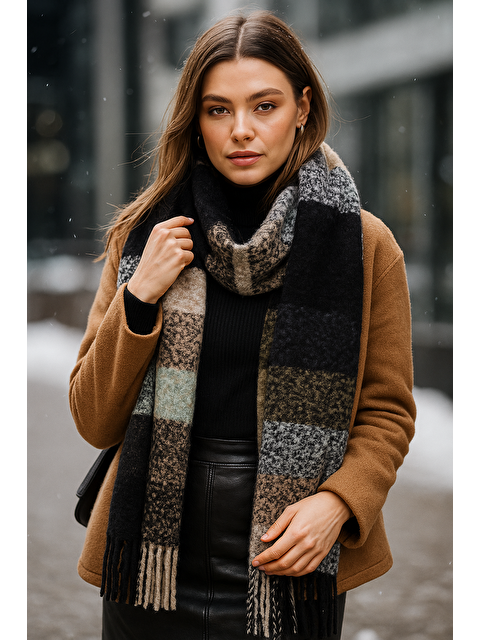 Luminos Butik Kadın Siyah Kalın Buklet Atkı Şal 40x210 cm SAL1292 - S000250413-19351