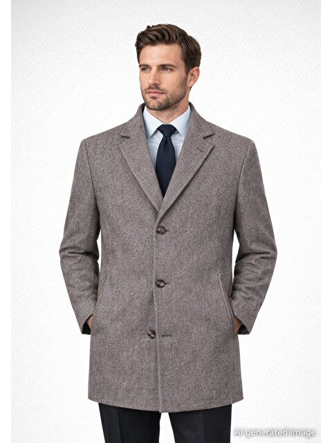 Hatemoğlu Kahverengi Slim Fit Ceket Yaka Yünlü Kaşe Palto - S000387150-19413