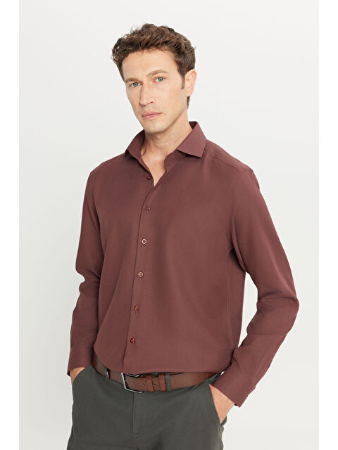 AC&Co / Altınyıldız Classics Erkek Bordo Tailored Slim Fit Dar Kesim Küçük İtalyan Yaka Armürlü Oxford Gömlek - S000421366-19951