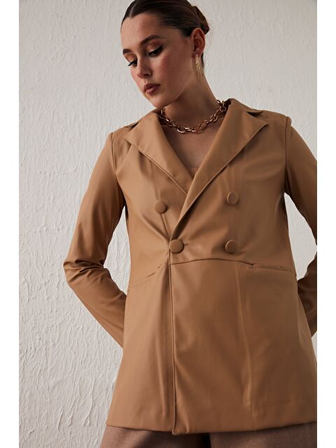 SATEEN Düğme Detaylı Kruvaze Deri Ceket - Bej - S000323796-19928