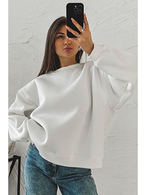 Madmext Ekru Bisiklet Yaka Basic Sweatshirt Mg1559 - S000030591-19965