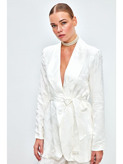 SATEEN Desenli Uzun Ceket - Ekru