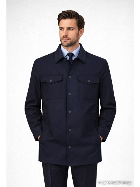 Hatemoğlu Lacivert Regular Fit Hakim Yaka Yünlü Kaşe Mont - S000387175-21164