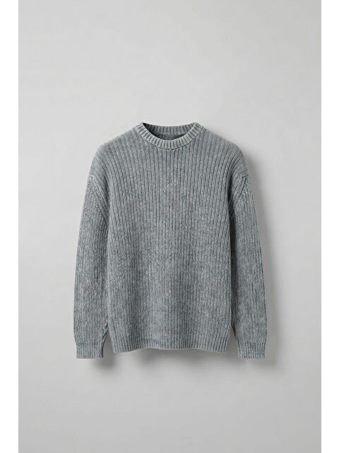 Abluka Online Erkek Oversize Yıkamalı Efektli Basic Kazak Gri - S000487344-20600