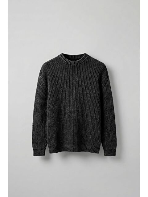 Abluka Online Erkek Oversize Yıkamalı Efektli Basic Kazak Siyah - S000487344-19351