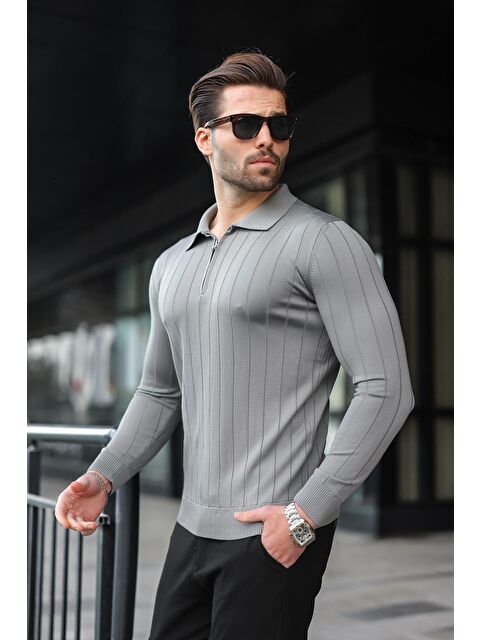 Madmext Antrasit Polo Yaka Fermuarlı Örme Kazak - S000244242-29666