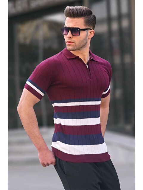 Madmext Çizgili Triko Mürdüm Polo Yaka Tişört 6356 - S000015935-20036