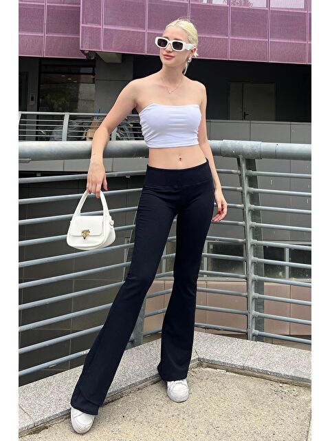 Madmext Lacivert Beli Fitilli Yüksek Bel İspanyol Paça Pantolon Mg2096 - S000206202-21164