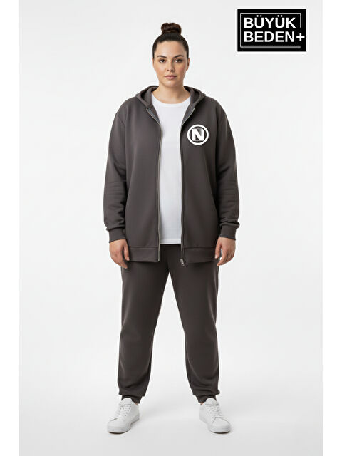 Süperlife Kadın Büyük Beden Kapüşonlu Fermuarlı N Baskılı Sweatshirt Hırka SPR26BHRK922 - S000481155-17308