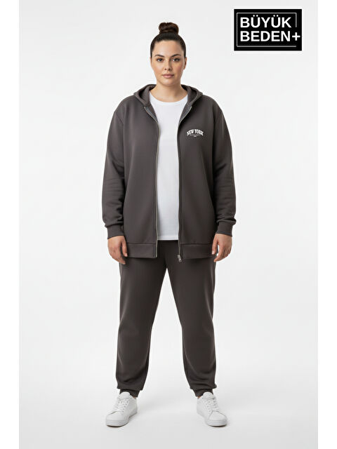 Süperlife Kadın Büyük Beden Fermuarlı Kapüşonlu New York Baskılı Sweatshirt Hırka SPR26BHR923 - S000481147-17308