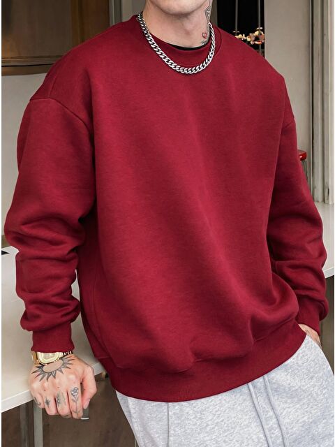 Trendseninle Erkek Bordo Baskısız Bisiklet Yaka Regular Sweatshirt
