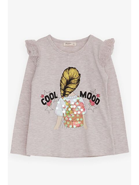 Breeze Kız Çocuk Uzun Kollu Tişört Omuzu Güpürlü Bej Melanj (4-5 Yaş) - S000022051-19927