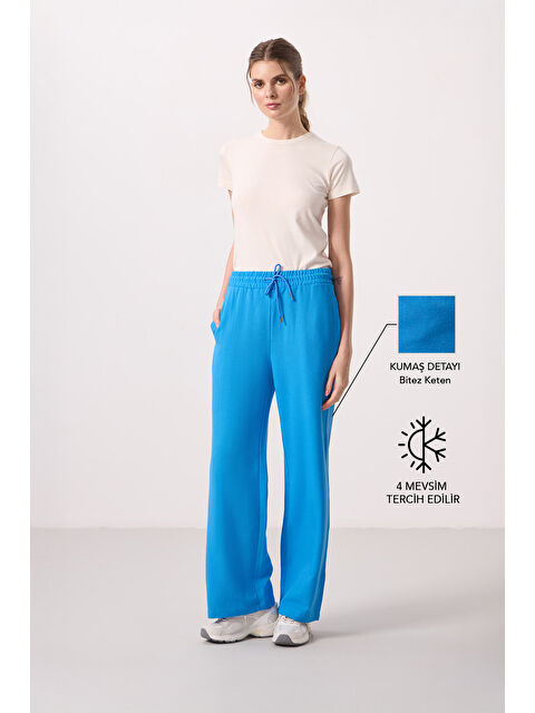 Tommylife Mavi Keten Geniş Paça Rahat Form Kadın Palazzo Pantolon - 94675 - S000364963-17234