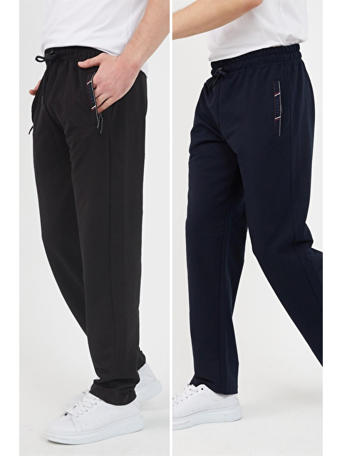 Mmetalic Siyah-Lacivert Erkek 2'li Fermuar Cep Nakış Detaylı Düz Paça Rahat Kesim Büyük Beden Eşofman Altı - S000290267-37355