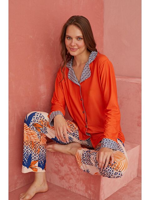Elitol Turuncu Çiçek Desenli Önden Düğmeli Uzun Kollu Örme Pijama Takımı 1182-7 - S000266148-20013