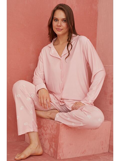 Elitol Pembe Yıldız Desenli Önden Düğmeli Uzun Kollu Örme Pijama Takımı 1182-5 - S000266148-20024