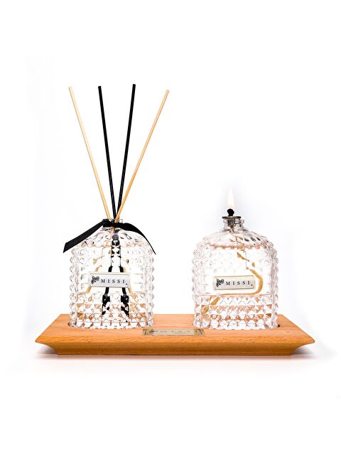 Missi Masif Ahşap Tepsili Oval Kristal Şişe Black Vanilya Oda Kokusu Ve Black Vanilya Kokulu Kandil Seti - S000090989-19965