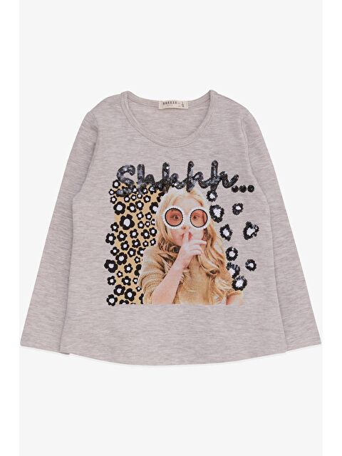 Breeze Kız Çocuk Uzun Kollu Tişört Pullu Kız Baskılı Bej Melanj (3-8 Yaş) - S000068922-19927