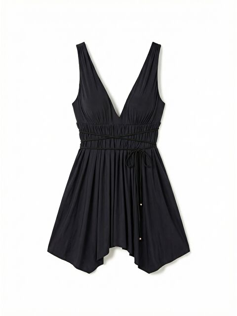 Remsa V Yaka Belden Bağlamalı Mayo Etekli Mayo Yüzücü Mayo 3580 Siyah