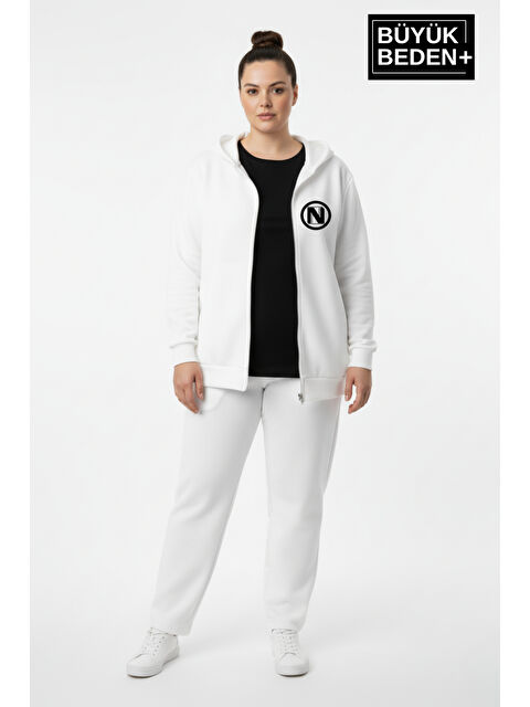 Süperlife Kadın Büyük Beden Kapüşonlu Fermuarlı N Baskılı Sweatshirt Hırka SPR26BHRK922 - S000481155-19965